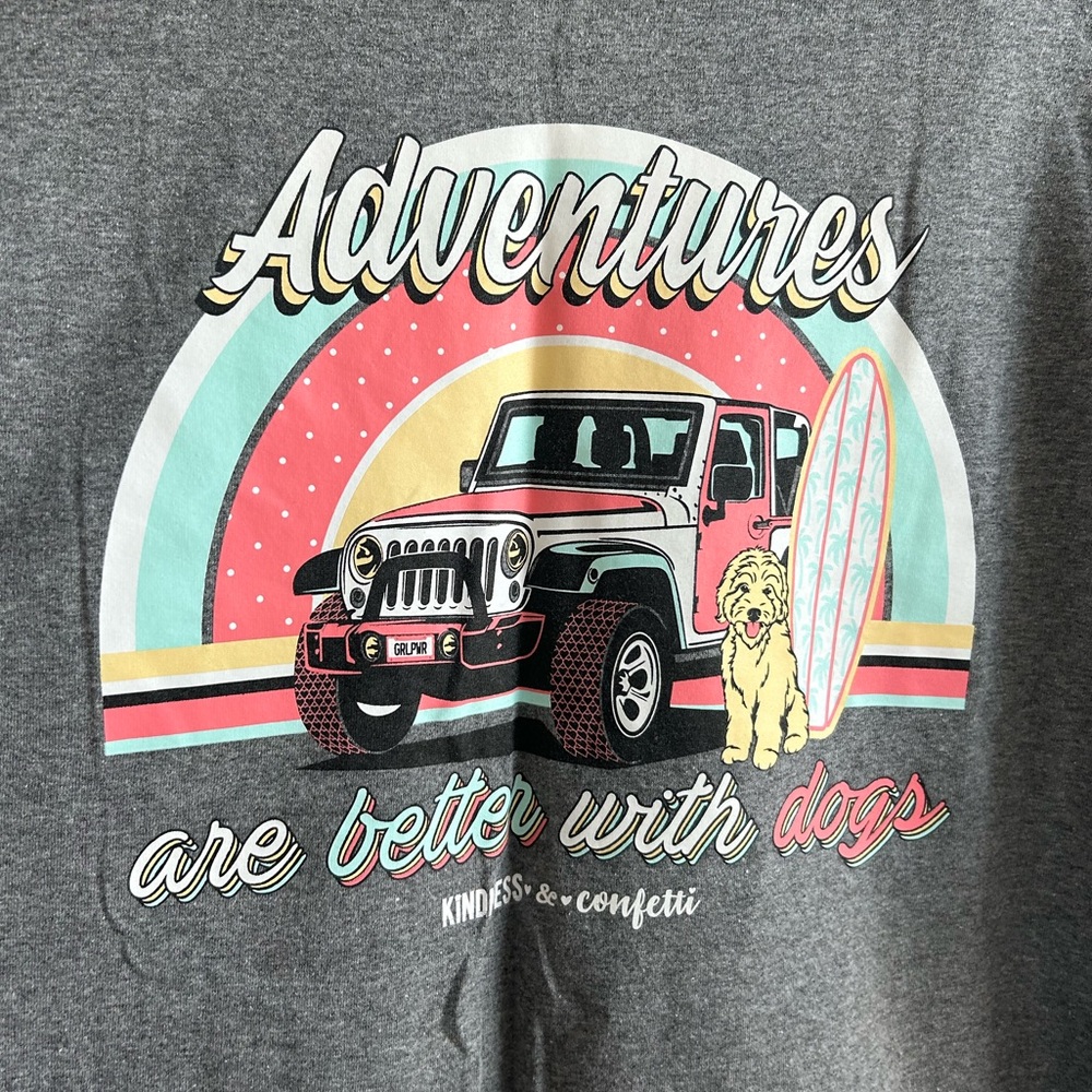 Kindness and Confetti Womens Gray T- Shirt Adventures Are Better With Dogs large